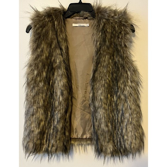 Ellison Faux Fur Vest Women's Size S Brown Pockets Hook Eye Closure‎ Fall Winter - Picture 3 of 6